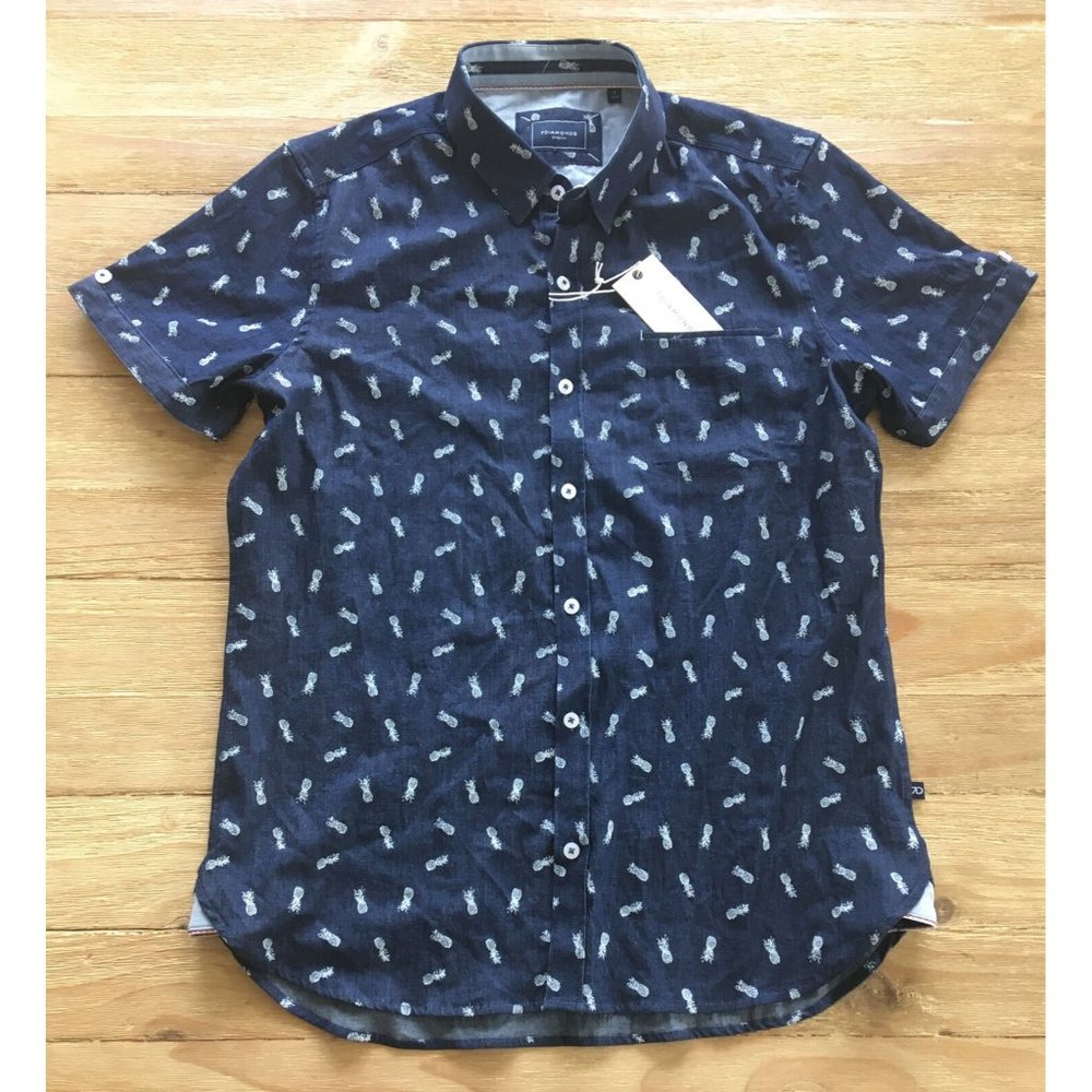 7 Diamonds Mens Short Sleeve Button Up Shirt Navy Pineapple Print Size Small